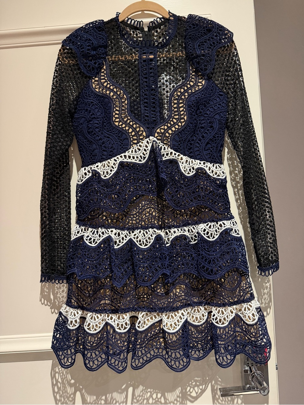 Self-Portrait Navy, Black & White Lace Tiered Long-Sleeve Dress